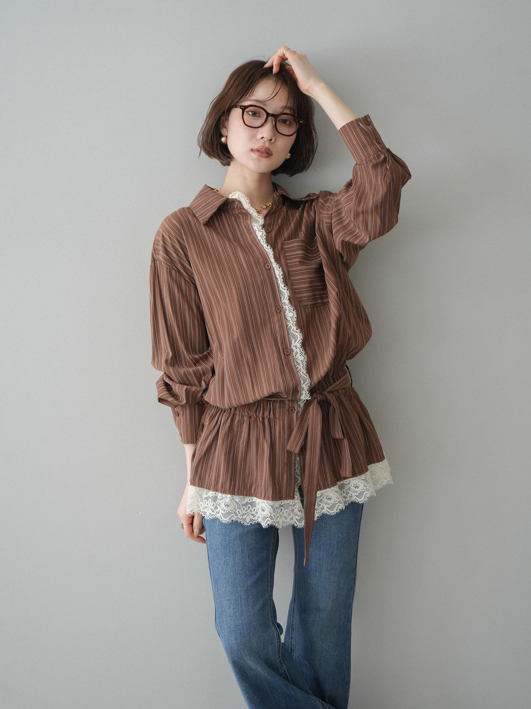 [SET]レース付ストライプウエストギャザーシャツ+フリンジデザインセミフレアデニム(2set)