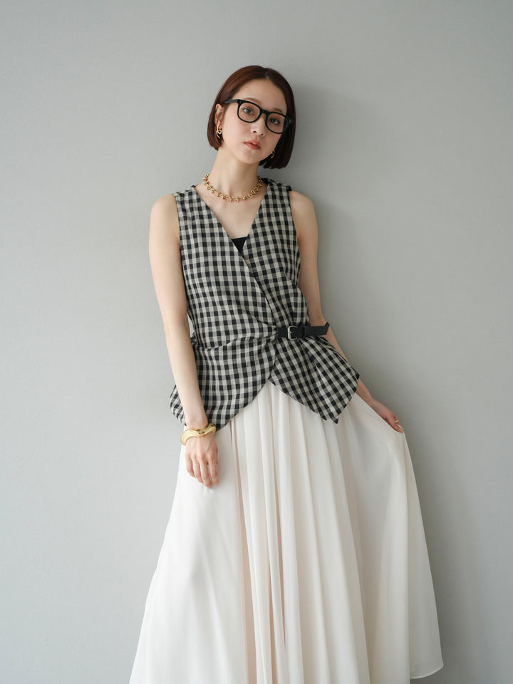 [予約]ベルトデザインバルーンブラウス/チェック