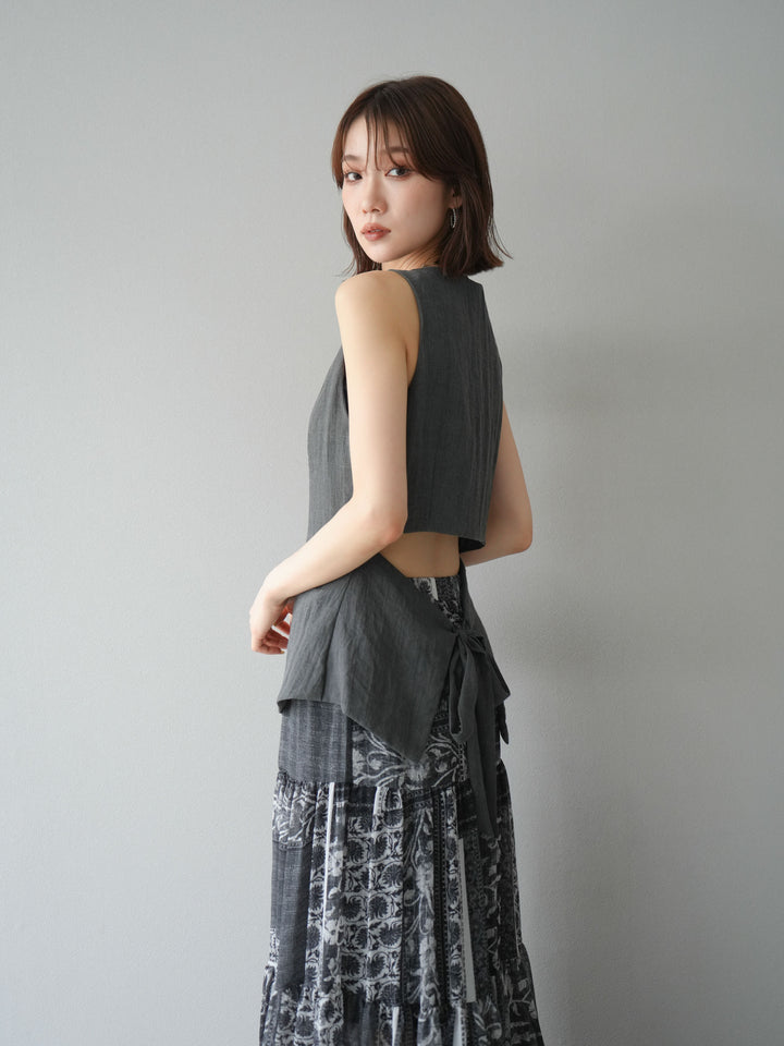 [SET]リネンタッチバックオープンベスト＆ニュアンス柄マキシスカートSET UP(2set)