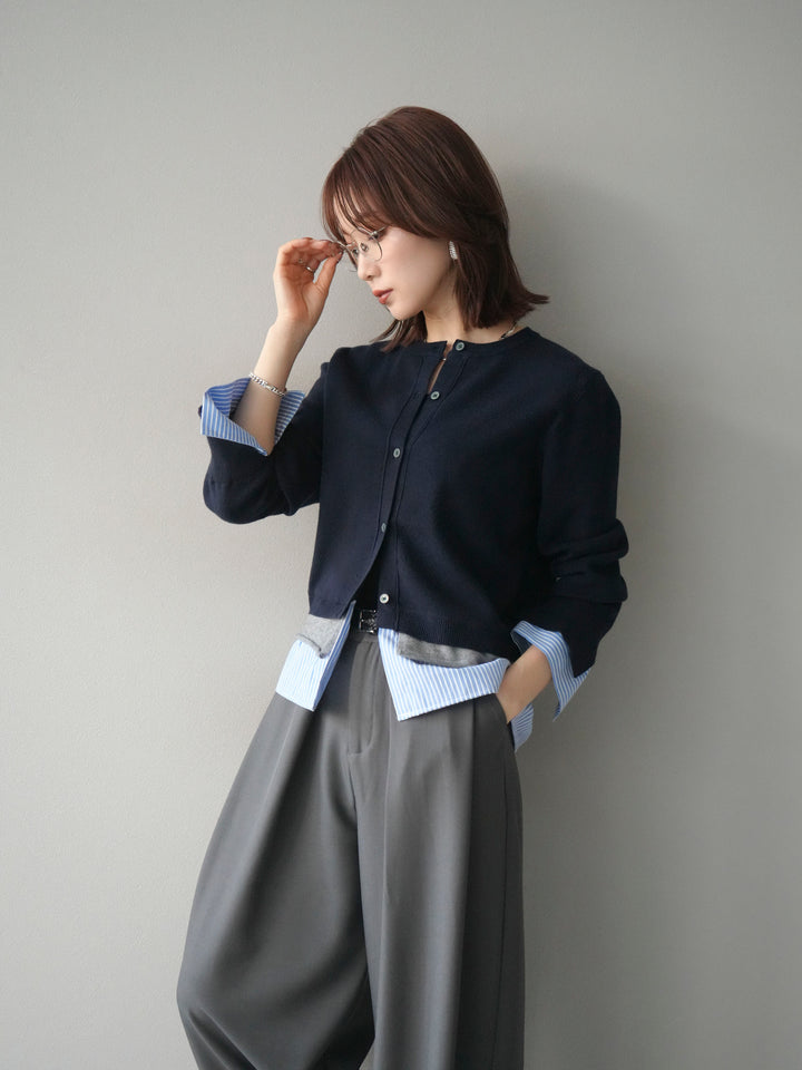 [予約]シャツ襟レイヤードニットカーディガン/navy