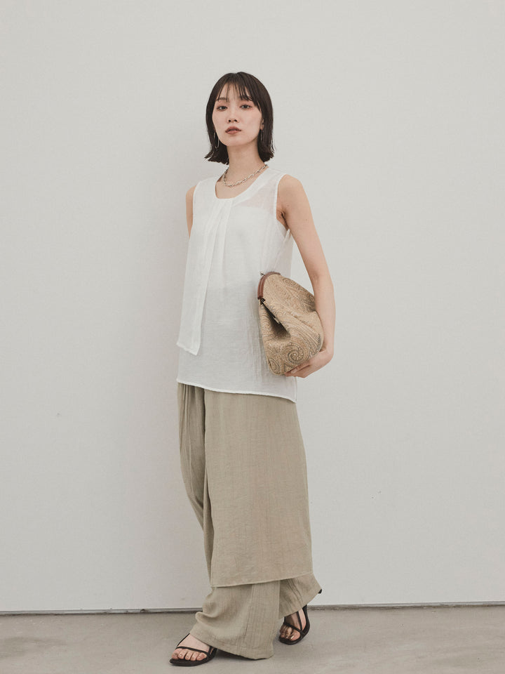 [SET]シアータックアシンメトリーブラウス+ワッシャーサテンレイヤードスカートパンツ(2set)