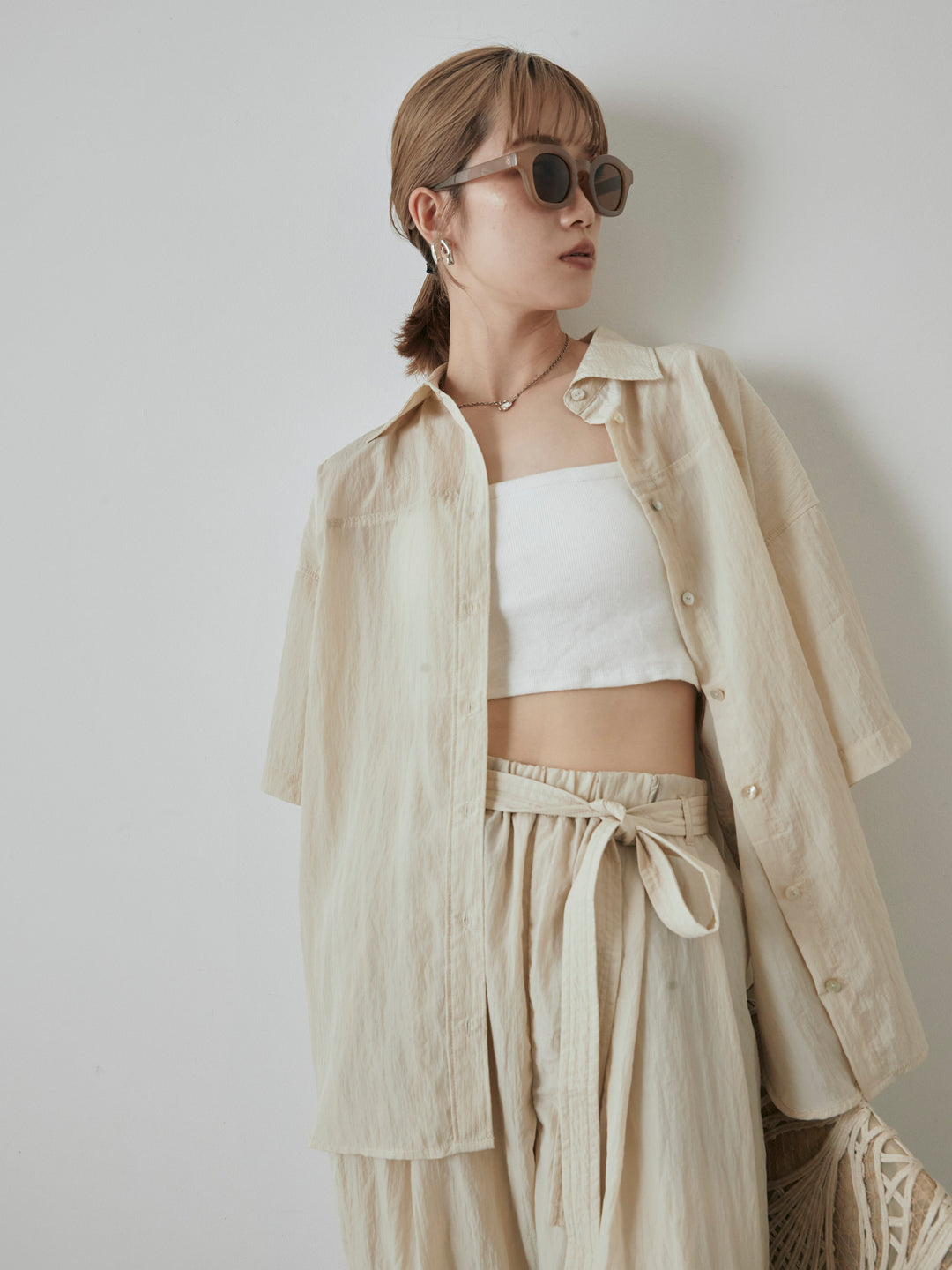 【預購】2WAY尼龍墊圈半身襯衫/奶油色