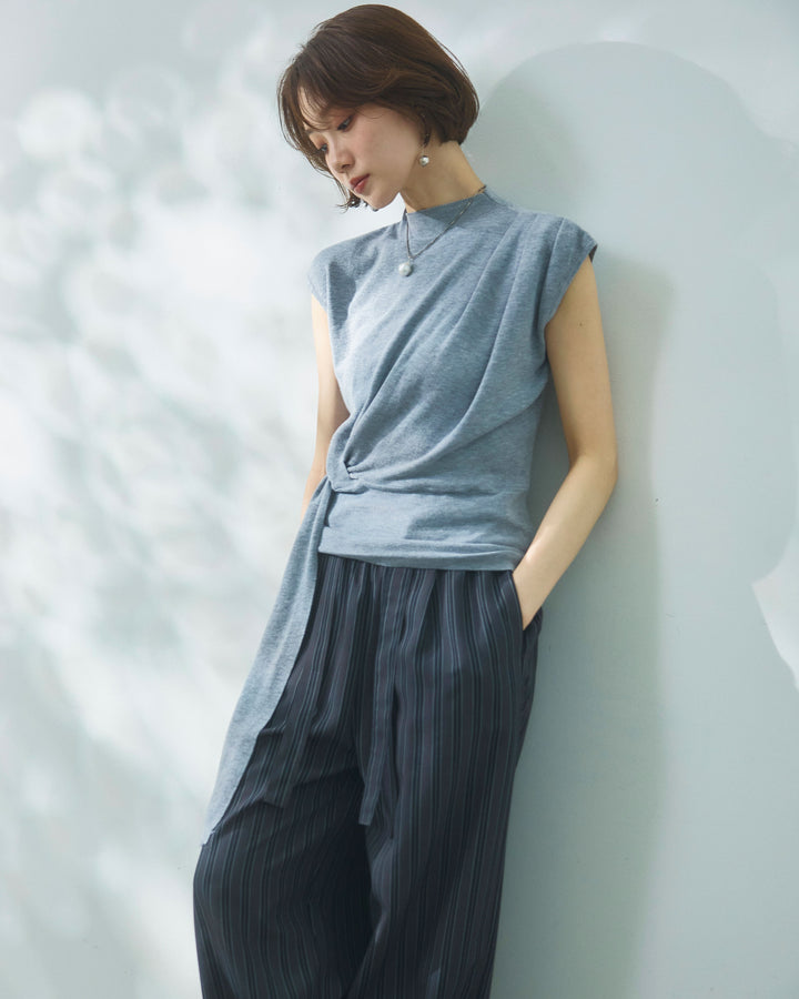 【Allure】[SET]サイドベルトボトルネックノースリーブニットトップス+サイドベルトボトルネックノースリーブニットトップス(2set)