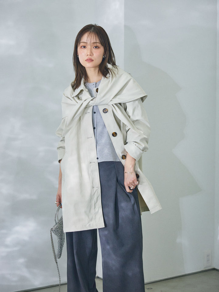 【Allure】[SET]スカーフ付ステンカラーミディアムコート+ミニポケットニットカーディガン+アシンメトリーウエストタックパンツ(3set)