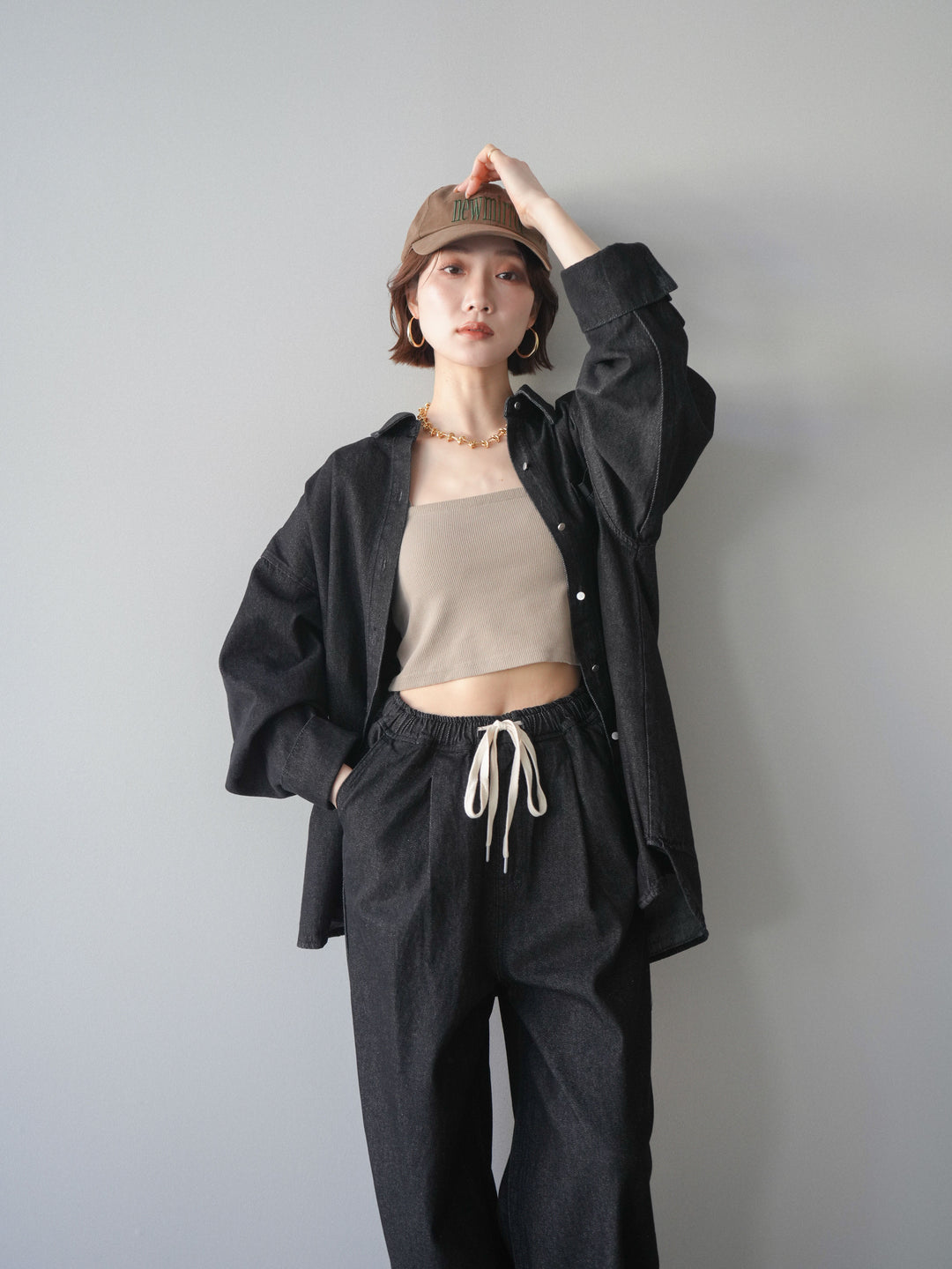 [SET]ポイントレザーオーバーデニムシャツ+ドロストワイドデニムパンツ(2set)