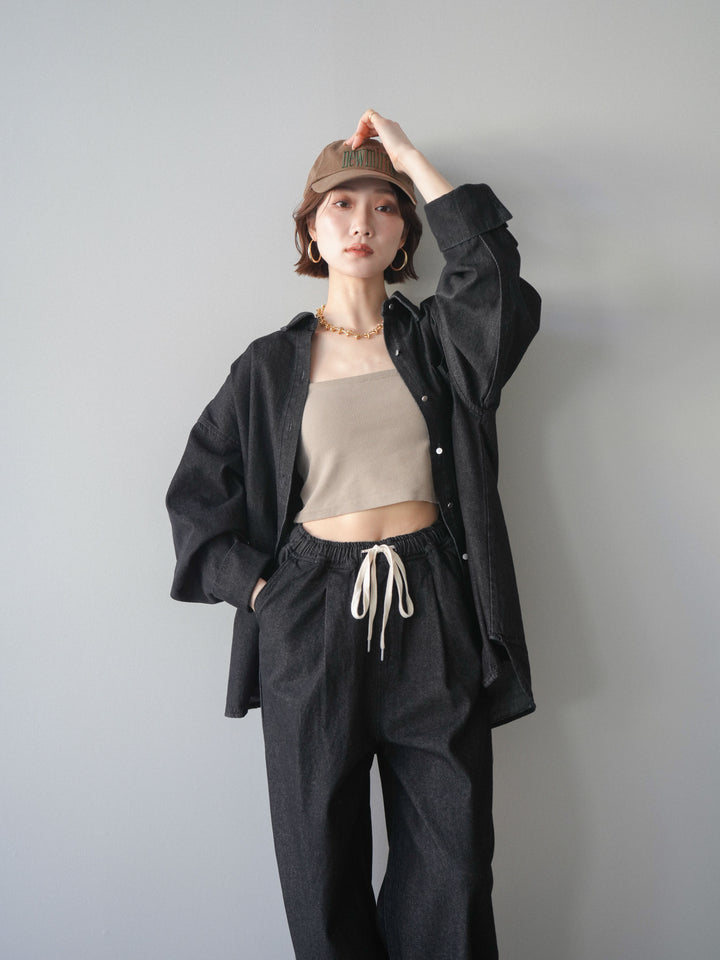 [SET]ポイントレザーオーバーデニムシャツ+ドロストワイドデニムパンツ(2set)