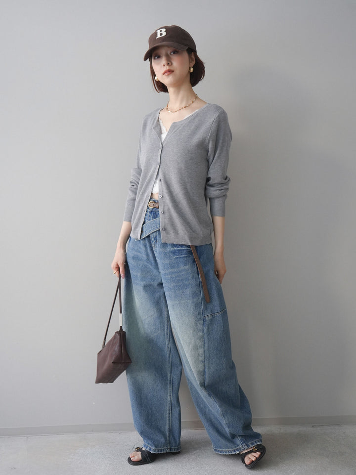 [SET]レースレイヤードニットカーディガン+アシメデザインワイドデニムパンツ(2set)