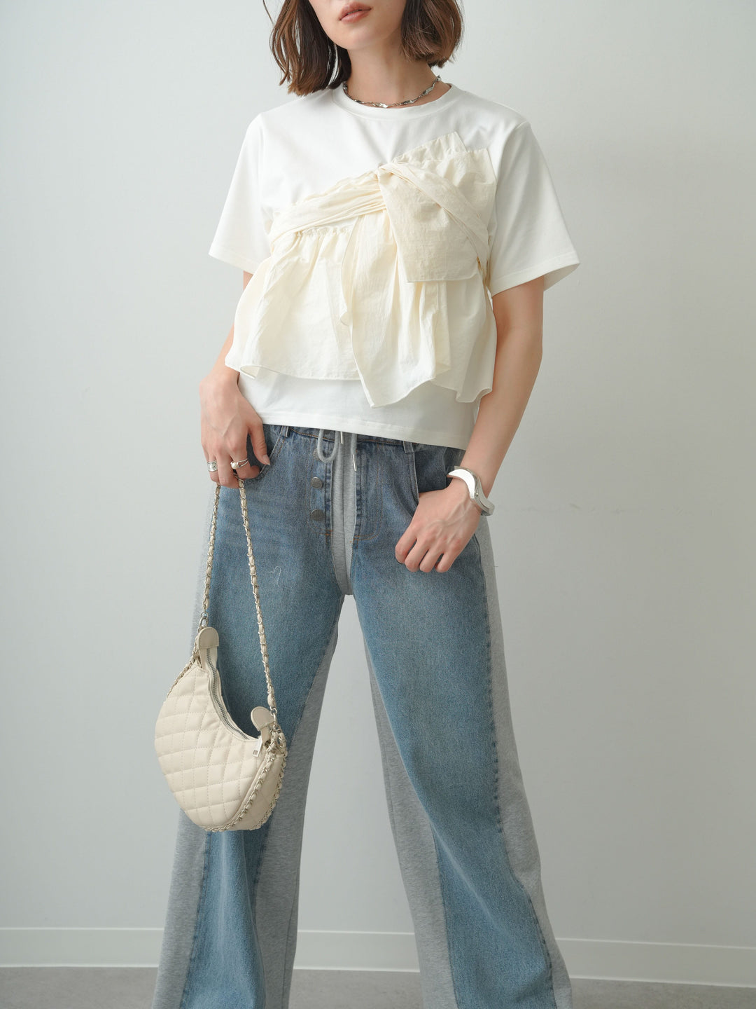 [SET]ナイロンドッキングツイストTEE +デニム切替スウェットパンツ(2set)