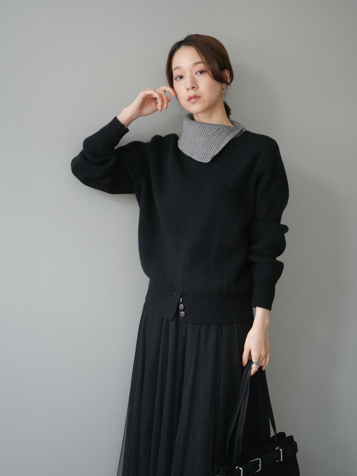 [予約]デザインネックバイカラーニットプルオーバー/black