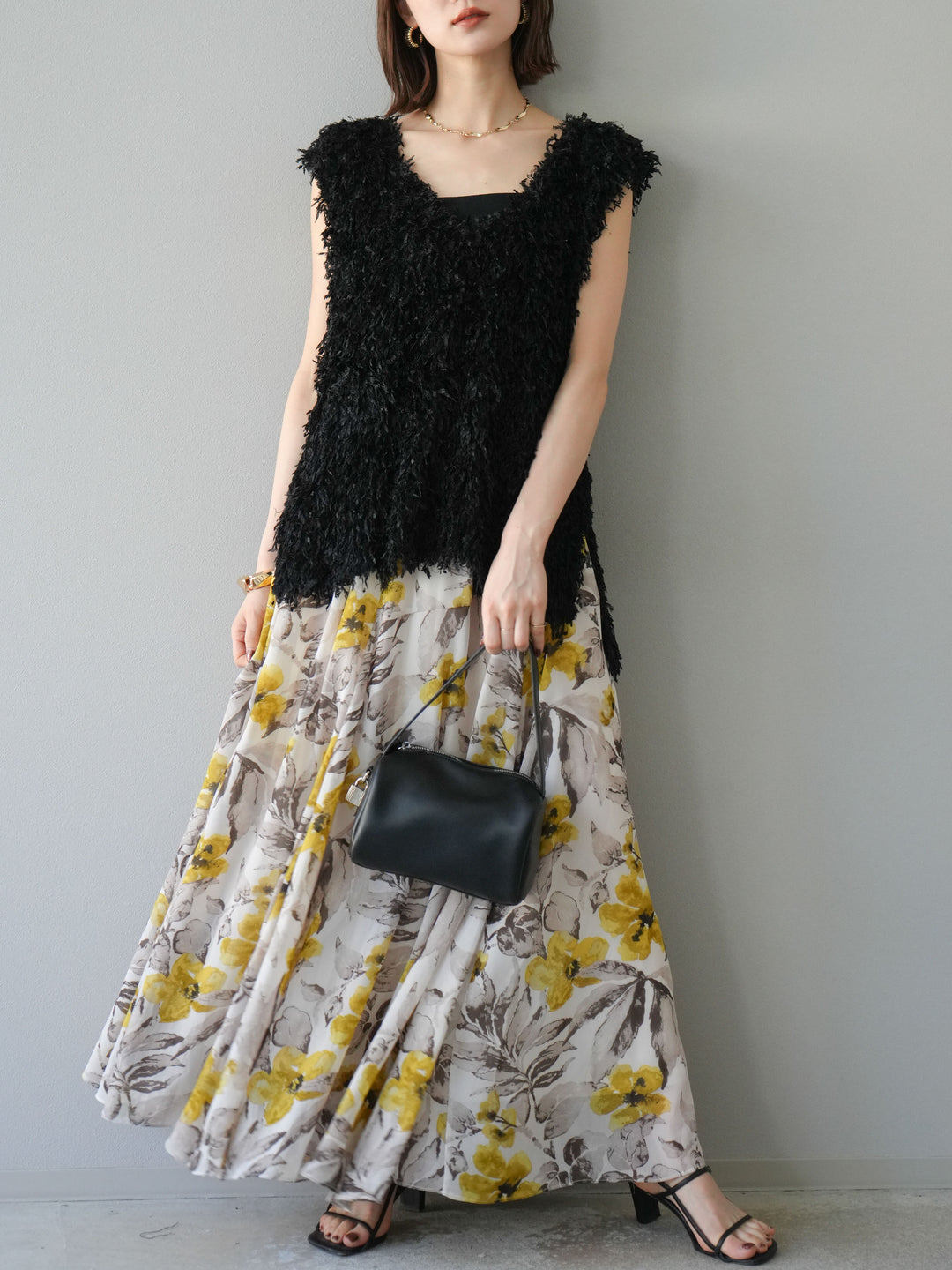 [予約]フラワープリントボリュームフレアスカート/イエロー