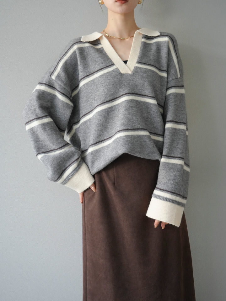 [予約]ポロ襟スキッパーボーダーニットプルオーバー/グレー