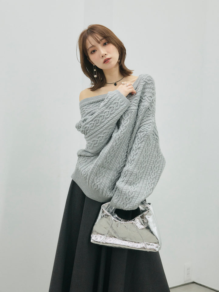 【Allure】[SET]ケーブルワンショルニットプルオーバー+ウールタッチフレアスカート(2set)