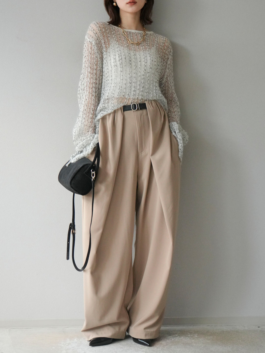 [予約]ストライプメッシュニットプルオーバー/ホワイト