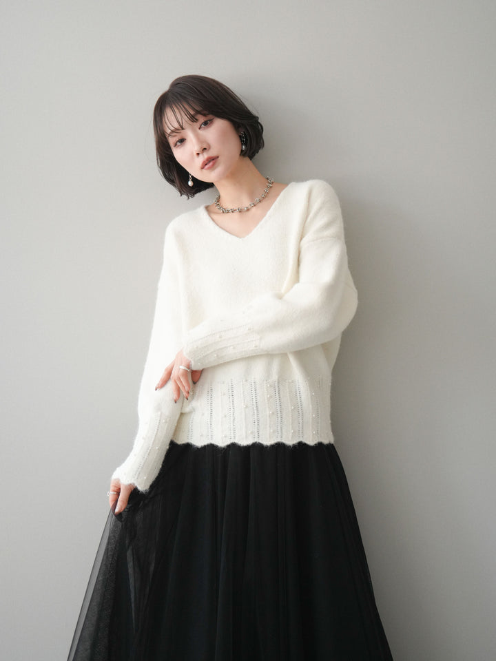 [SET]パールフリルリブヘムニットプルオーバー+チュールボリュームスカート(2set)