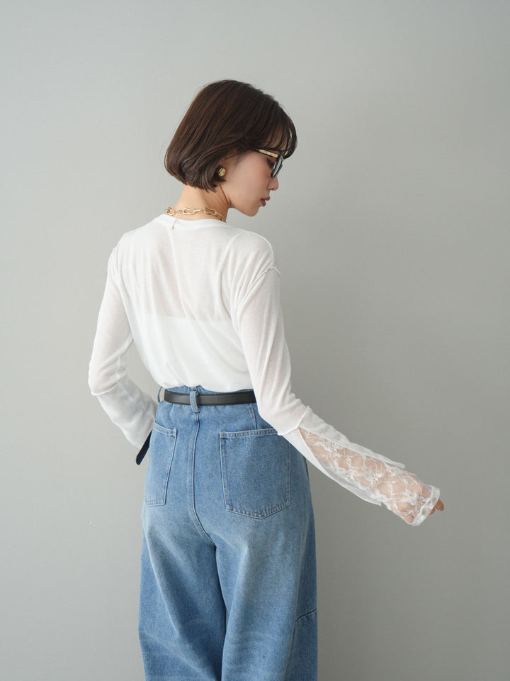 [予約]袖レースレイヤードデザインメロートップス/white