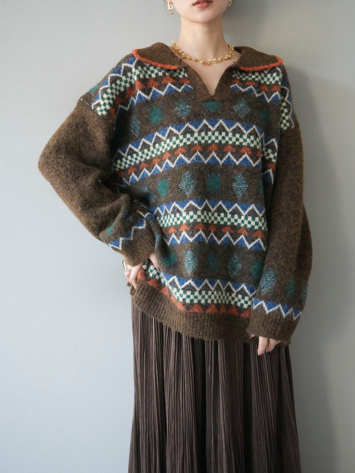 [予約]ノルディック柄ポロニットプルオーバー/ブラウン