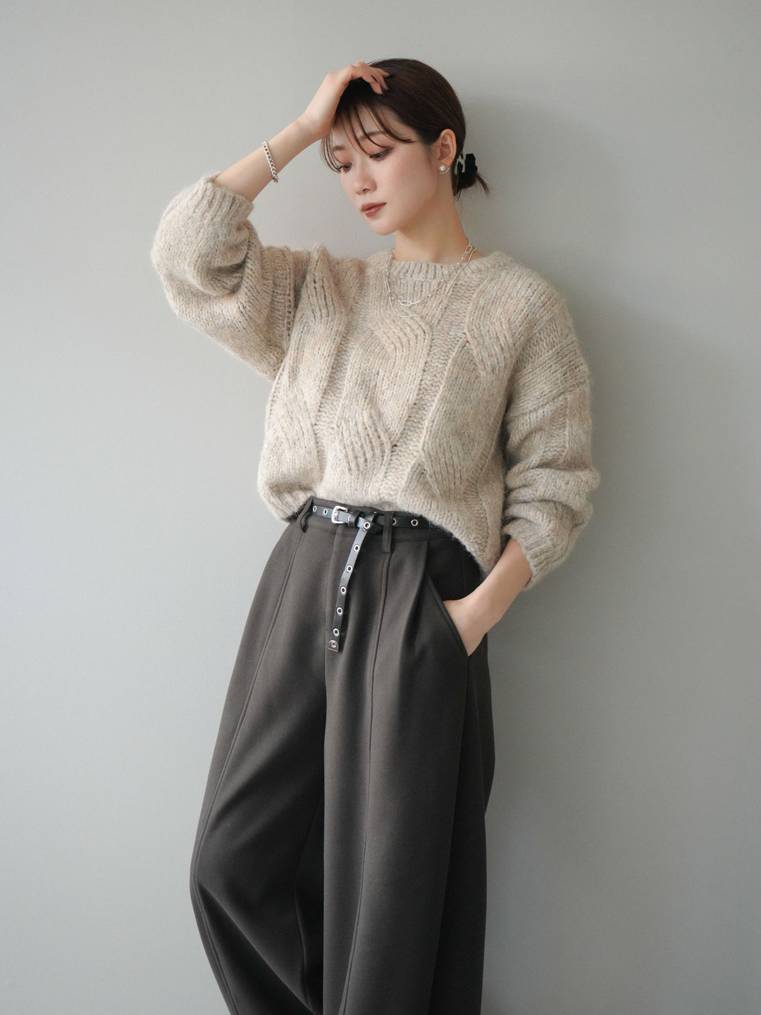 [予約]ワイドケーブルミックスニットプルオーバー/ivory