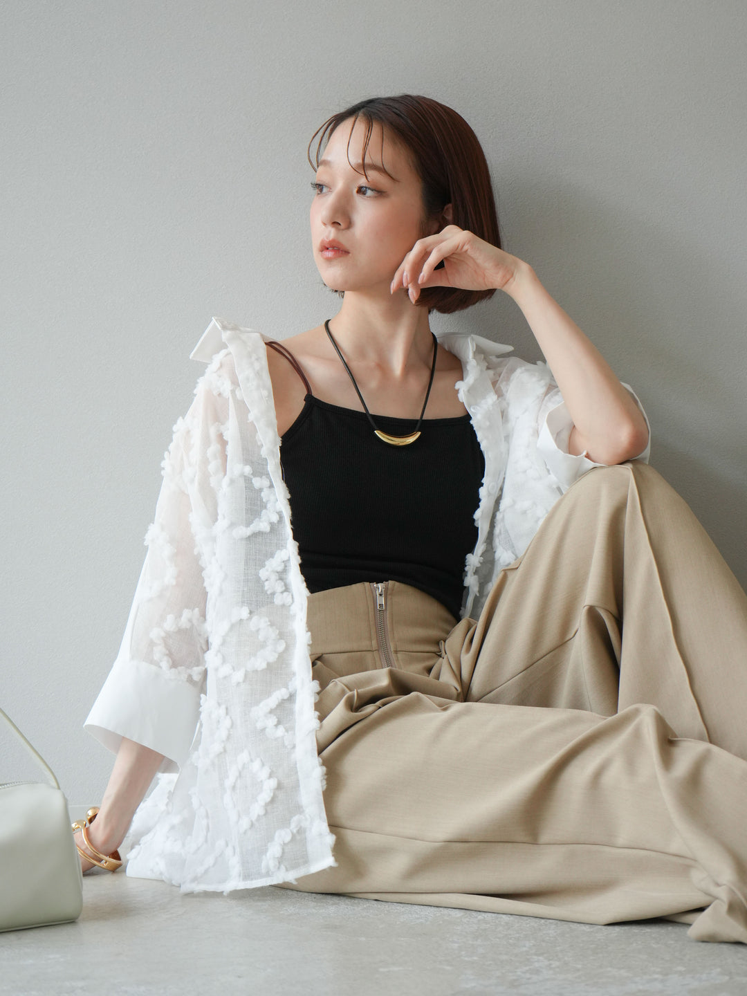 [預訂] 混合材質透視半身襯衫/白色