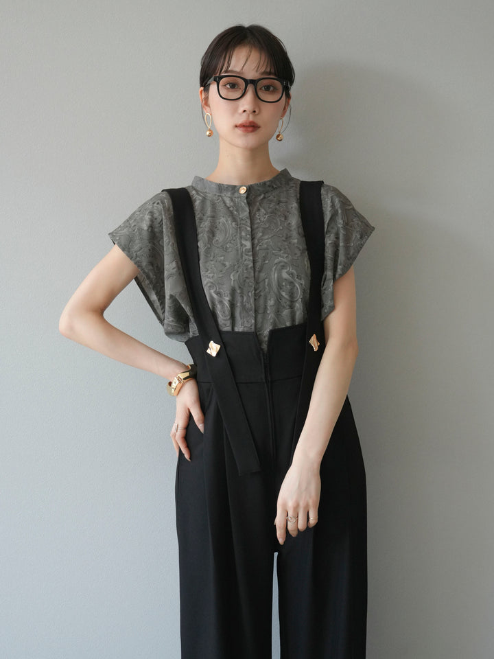 [予約]ペイズリープリントゴールドボタンブラウス/グレー