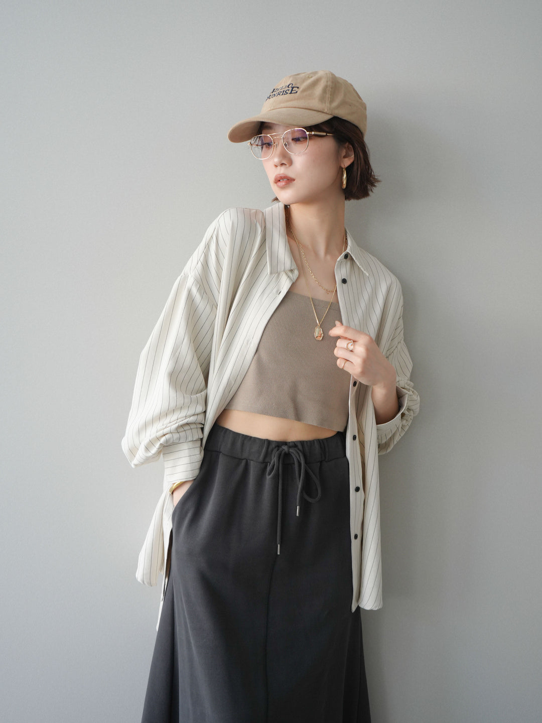 [SET]2WAYカシュクールストライプブラウス+スウェットフレアロングスカート(2set)