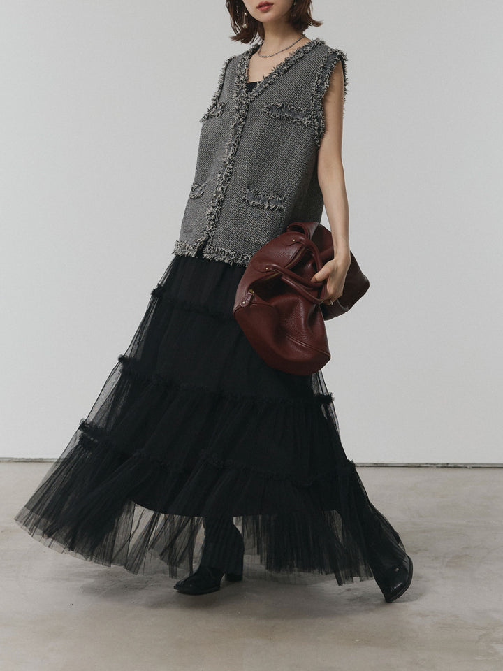 【Allure】[SET]アンティークボタンツイードフリンジニットベスト+チュールティアードフレアスカート(2set)