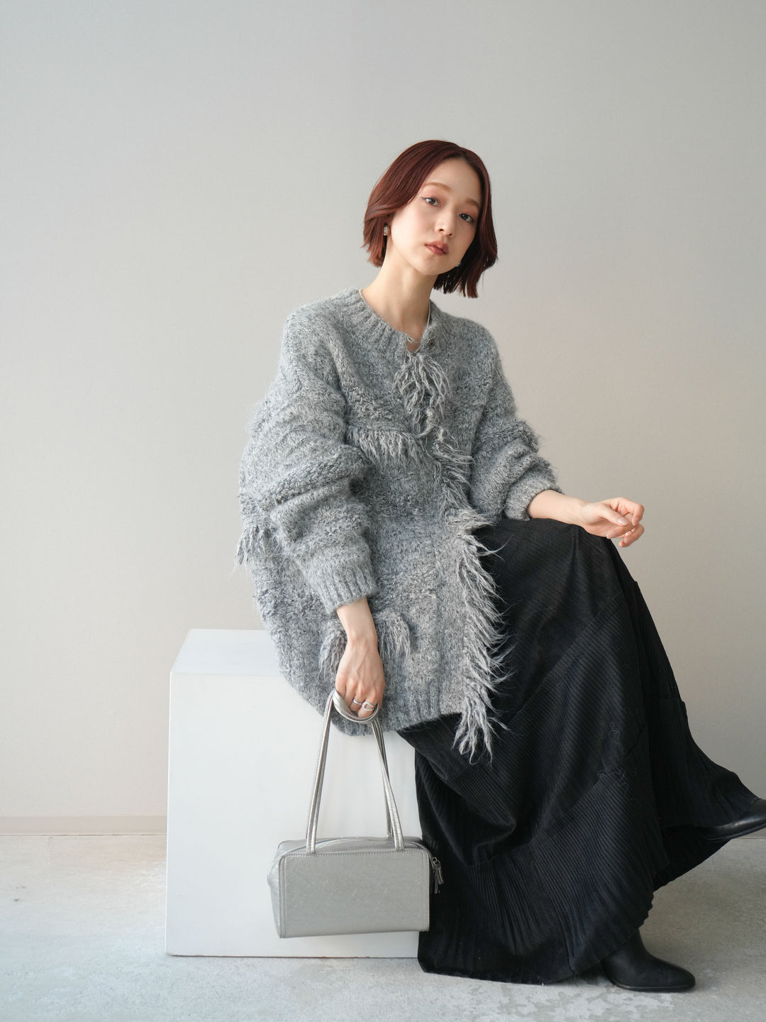 [SET]ミックスヤーンフリンジデザインニットジャケット+型押しスエードティアードプリーツスカート(2set)