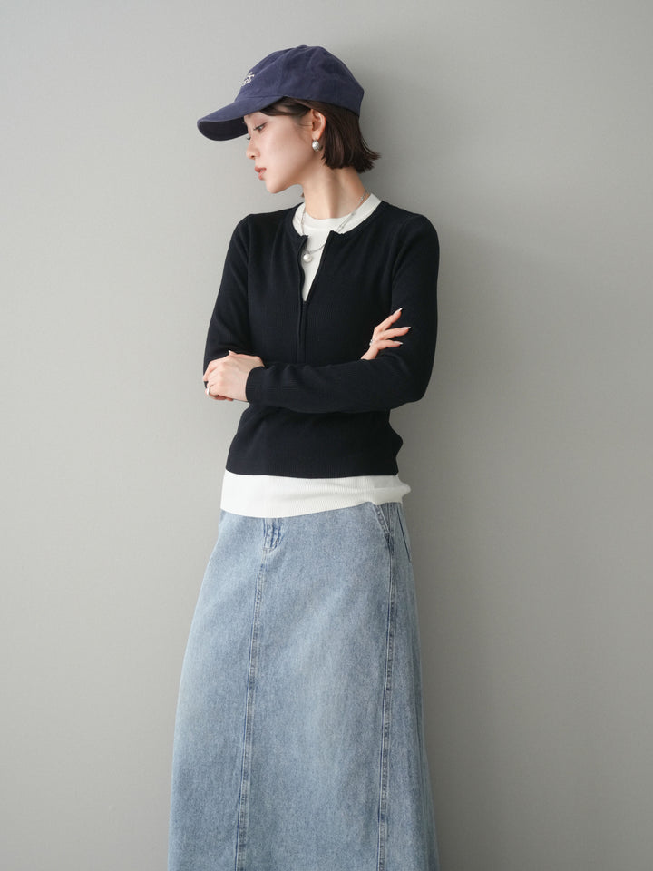 [予約]フロントジップ配色レイヤードニットトップス/navy