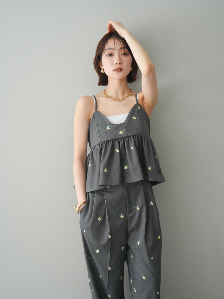 [SET]フラワー刺繍ビスチェ+フラワー刺繍タックパンツ(2set)