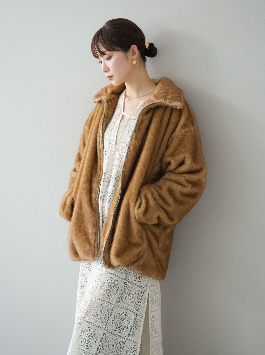 [予約]ファースタンドミドルジップジャケット/ベージュ