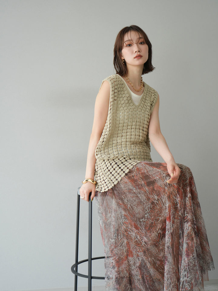 [予約]レースアップクロシェ編みニットベスト/ベージュ