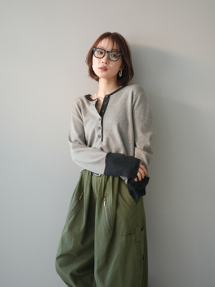 [SET]ヘンリーネック配色ニットソー+コットンタックループパンツ(2set)