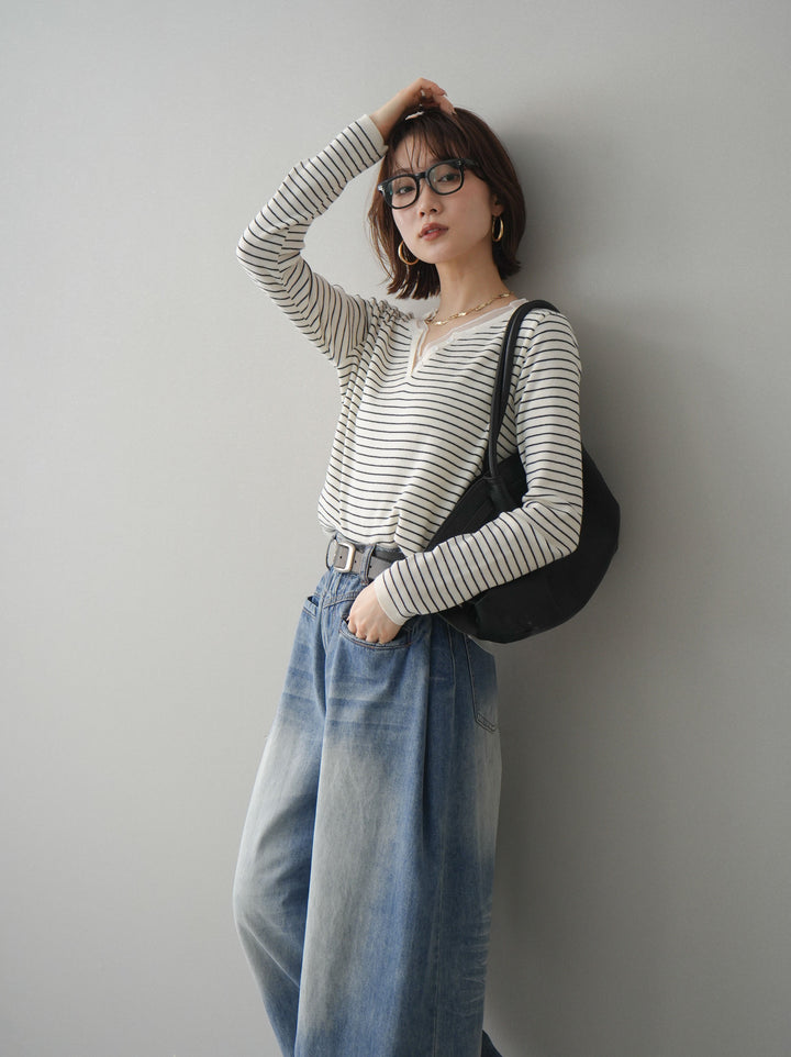 [SET]チュールレイヤードデザインボーダーニットトップス+選べるアクセセット(2set)