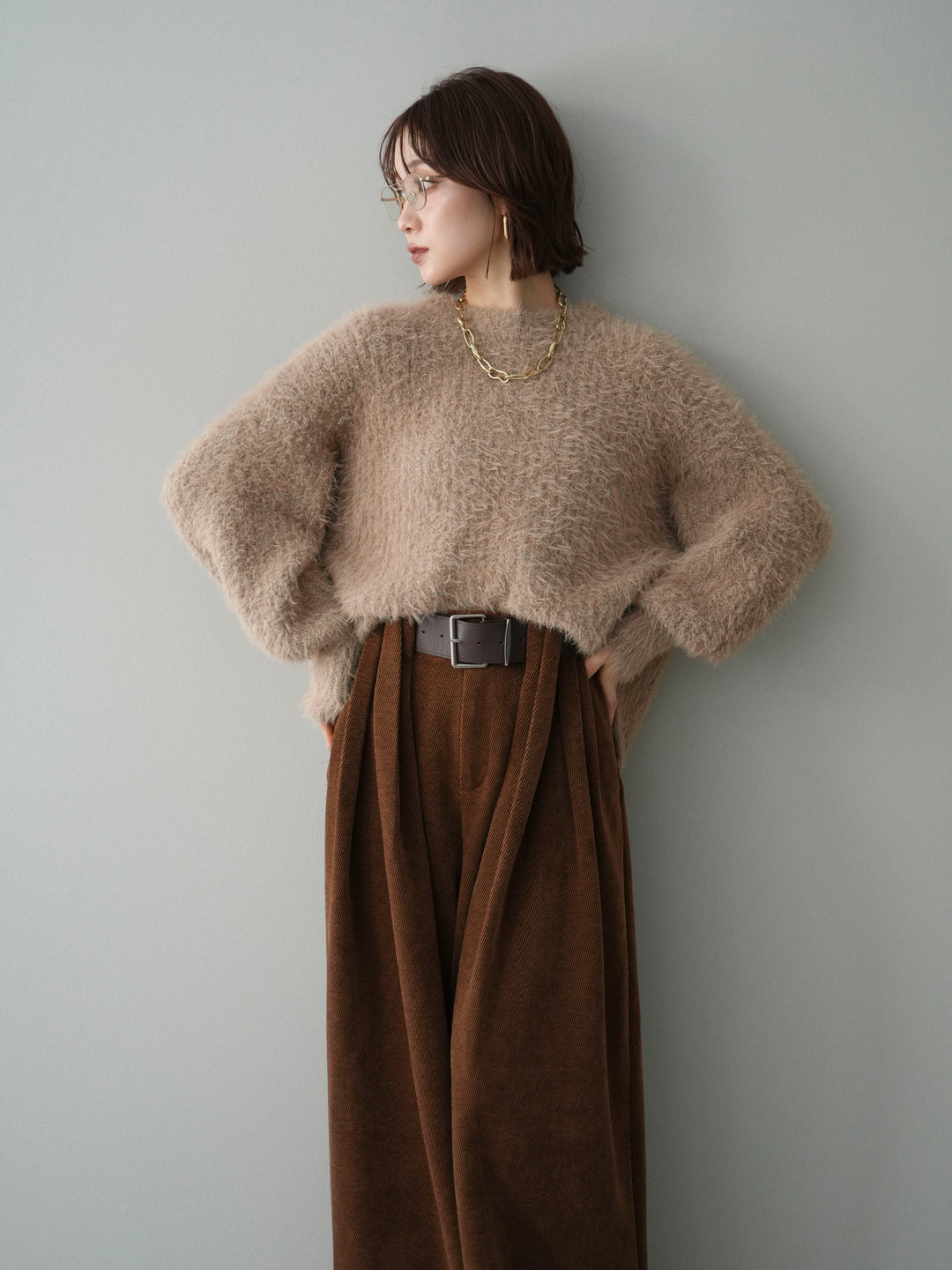 [予約]ボリュームスリーブシャギー MIXニットプルオーバー/brown