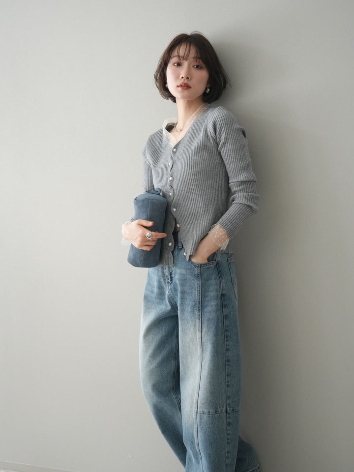 [SET]チュールドッキングパールボタンニットカーディガン+選べるアクセセット(2set)