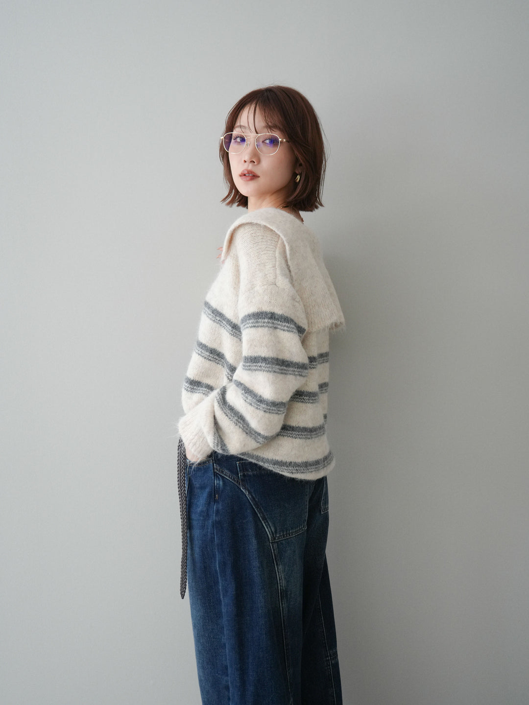 [予約]ハーフジップボーダーニットプルオーバー/ivory