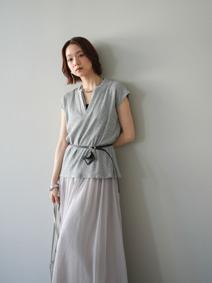 [予約]ベルト付シフォンコンビジャージワンピース/gray