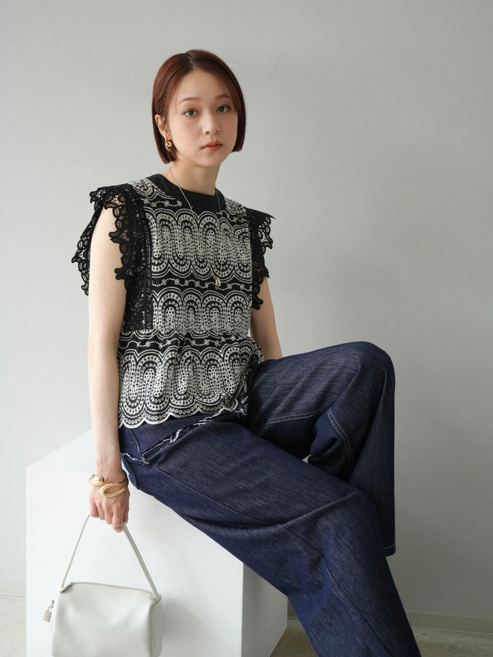 [予約]スカラップ刺繍レースブラウス/ブラック