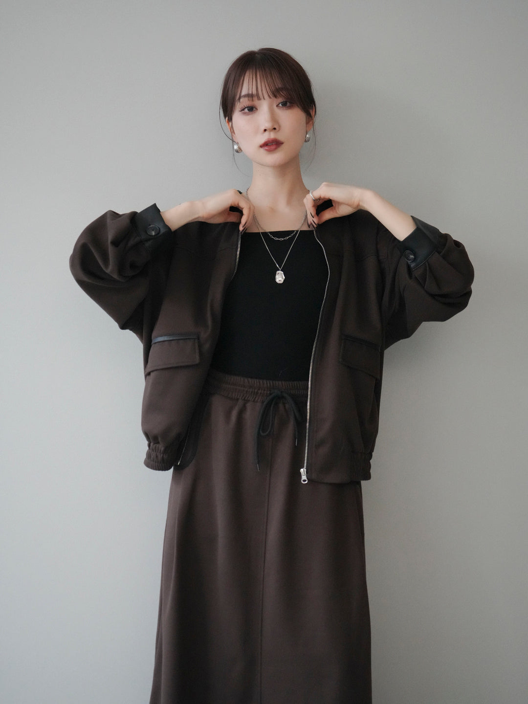 [予約]レザー襟配色パイピングブルゾン/brown