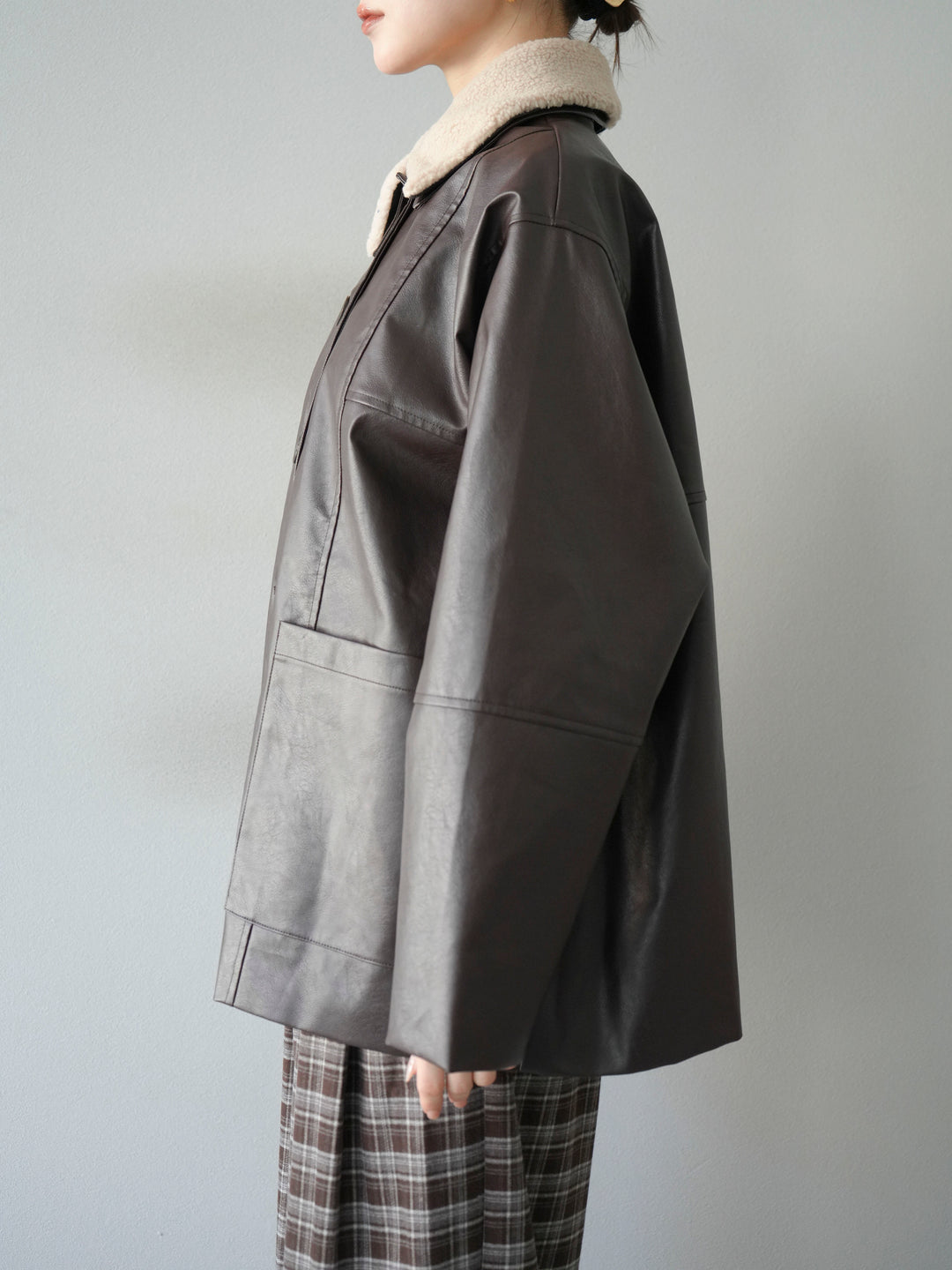 [予約]襟ボアレザーブルゾン/ブラウン