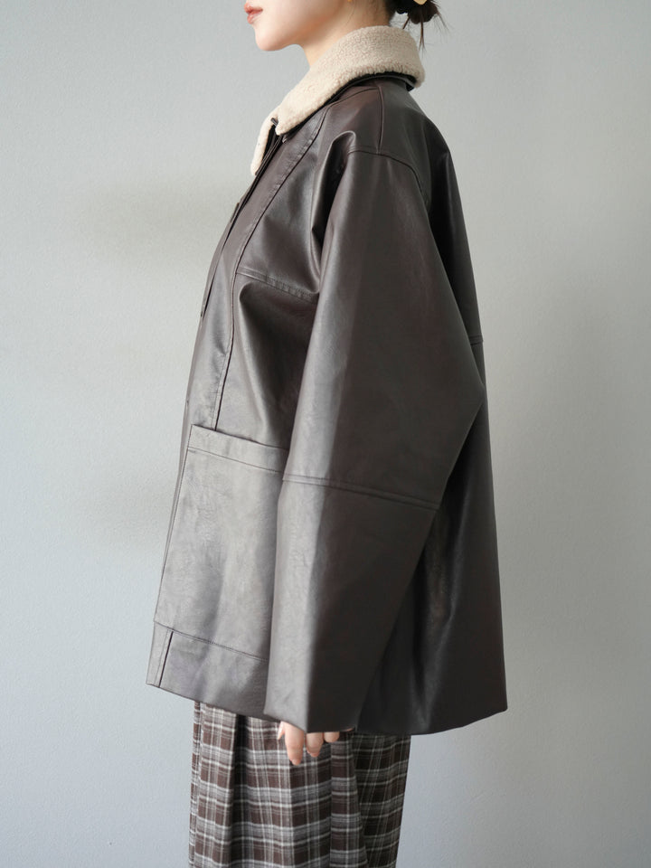 [予約]襟ボアレザーブルゾン/ブラウン