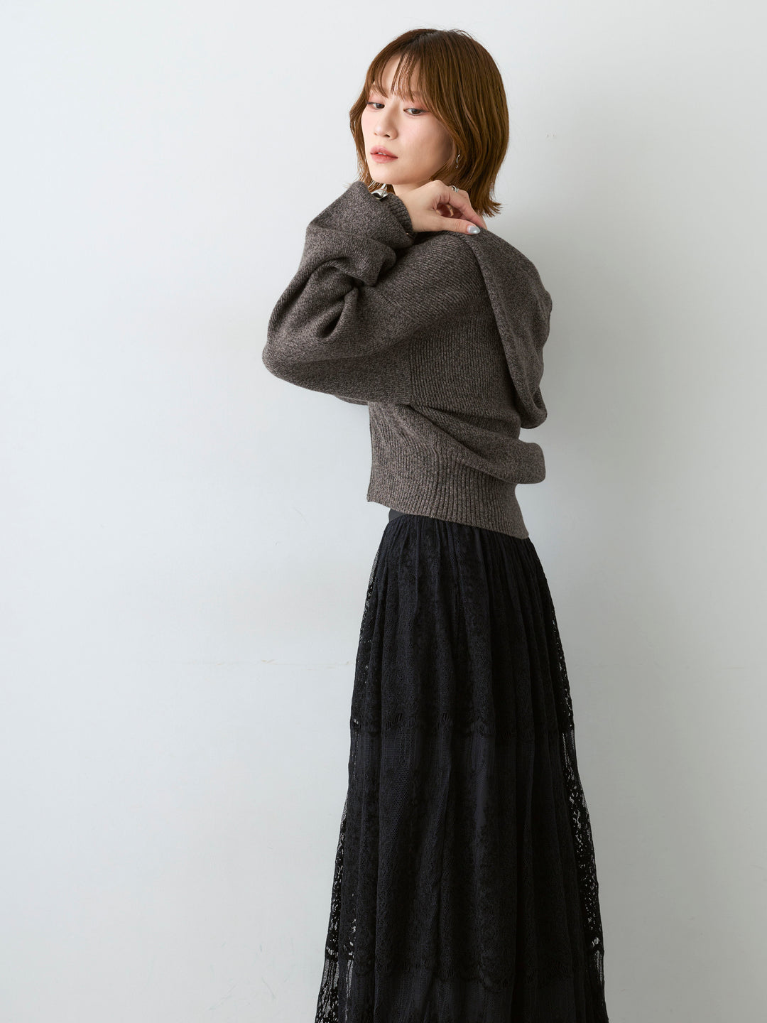 [SET]メランジボリュームスリーブフードニットカーディガン+ベロアレースドレープフレアスカート(2set)