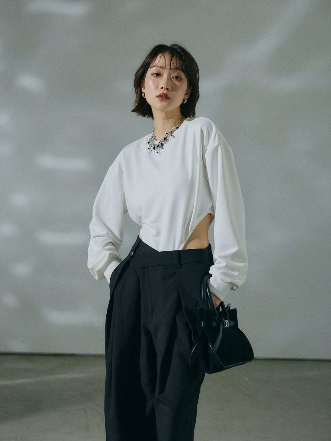 【Allure】[SET]スウェットボディスーツ+アシンメトリーウエストタックパンツ(2set)