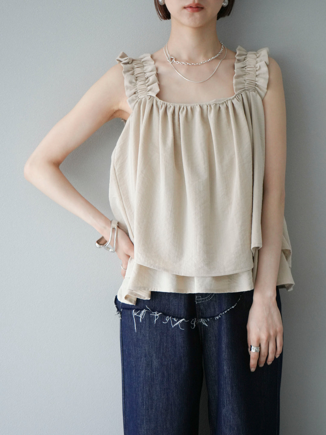 [SET]ギャザーショルダーフレアタンクトップ+選べるアクセセット(2set)