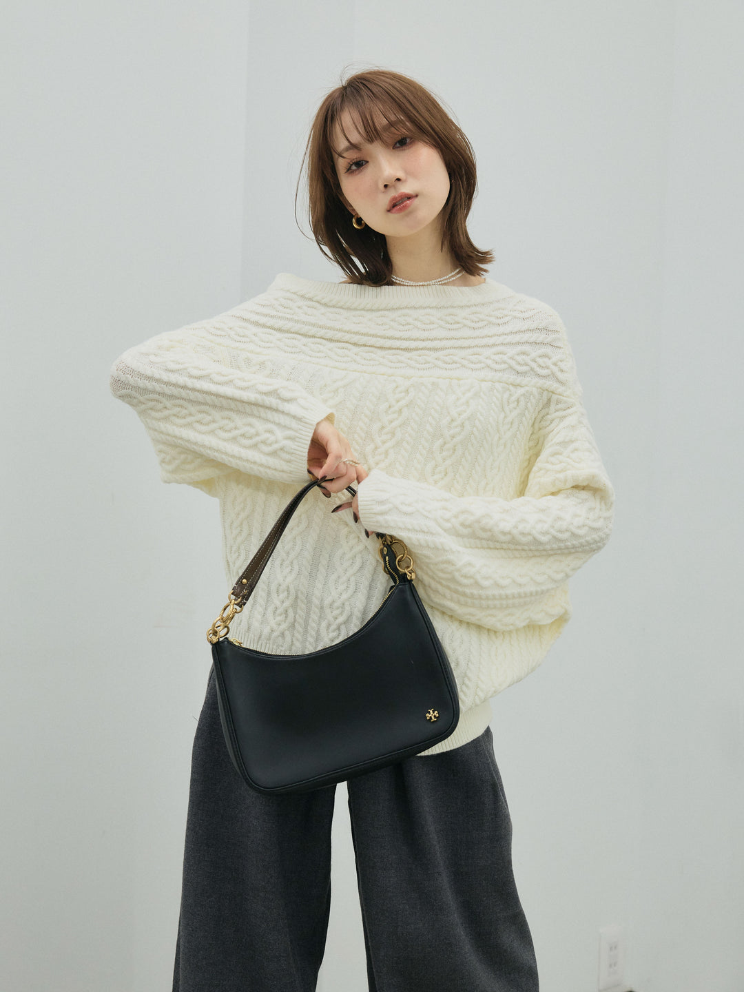 【Allure】[SET]ケーブルワンショルニットプルオーバー+ループデザインツイルワイドパンツ(2set)