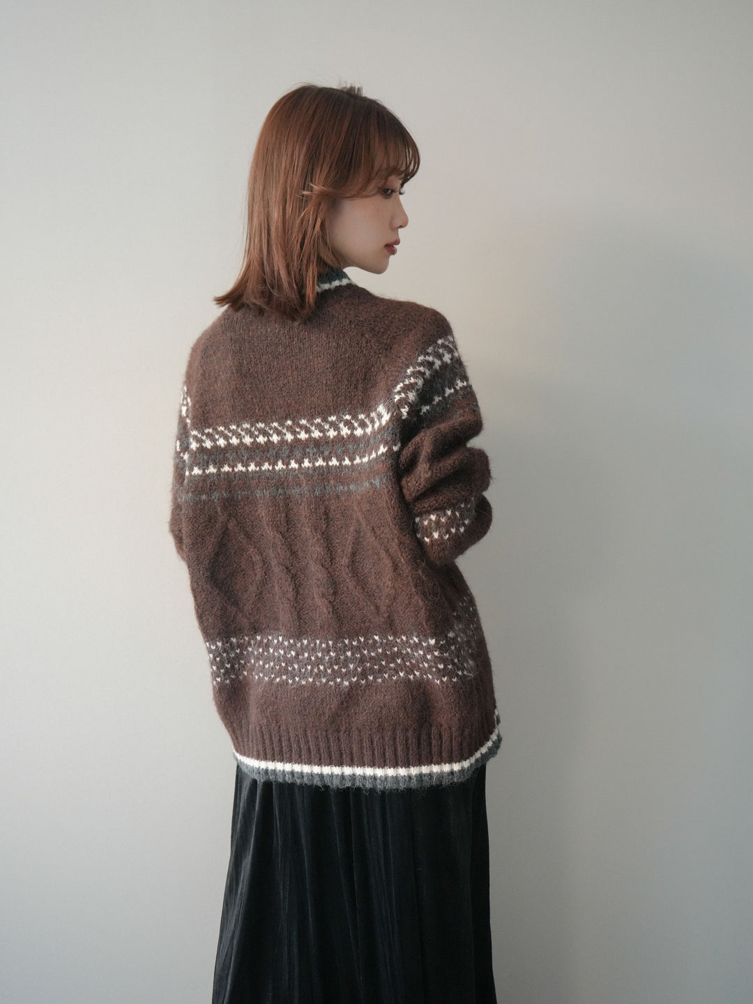 [予約]裾配色ノルディック柄ニットプルオーバー/brown