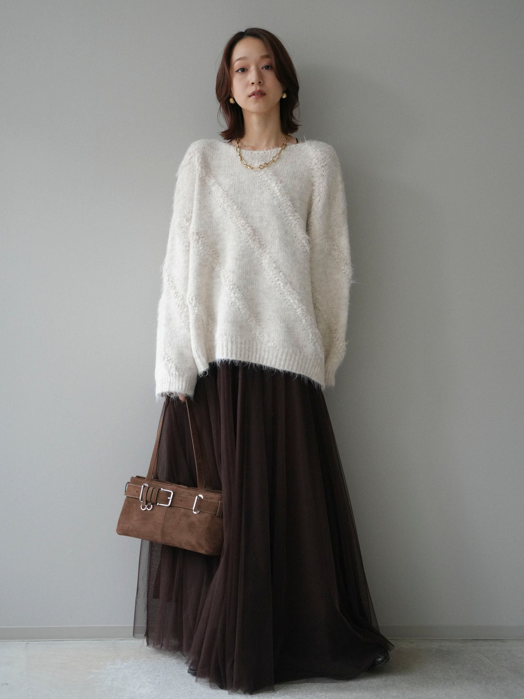 [予約]ブークレラインデザインニットプルオーバー/ivory