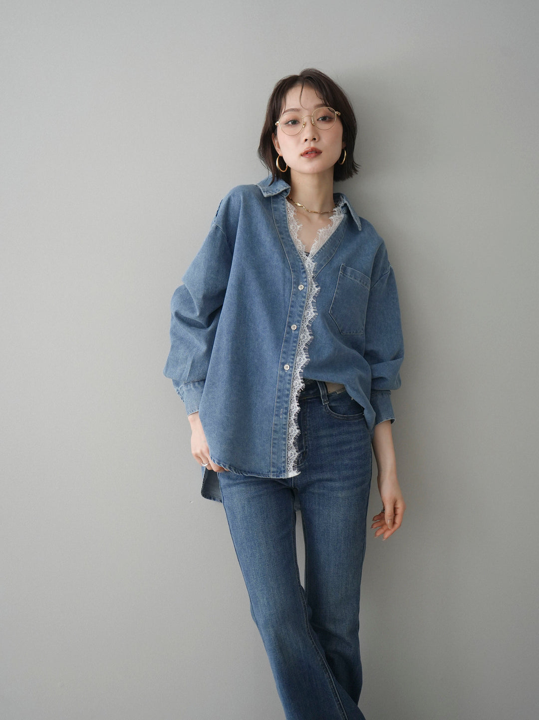 [SET]レースレイヤードデニム開襟シャツ+選べるアクセセット(2set)