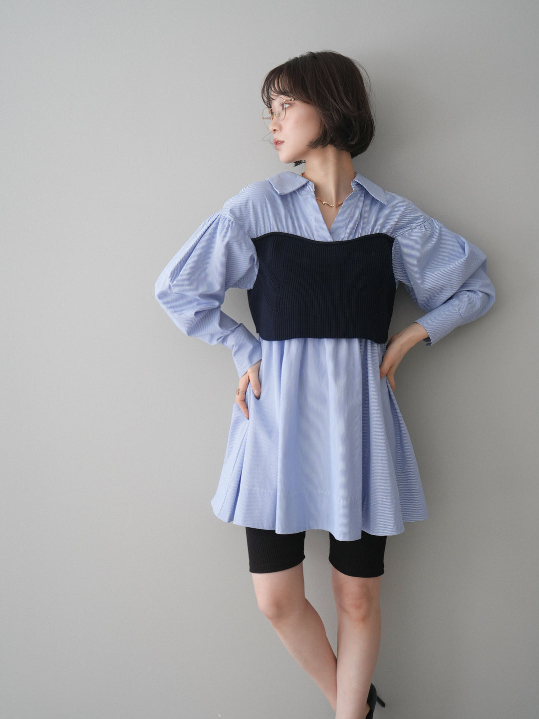 [予約]ニットビスチェドッキングフレアシャツチュニック/stripe