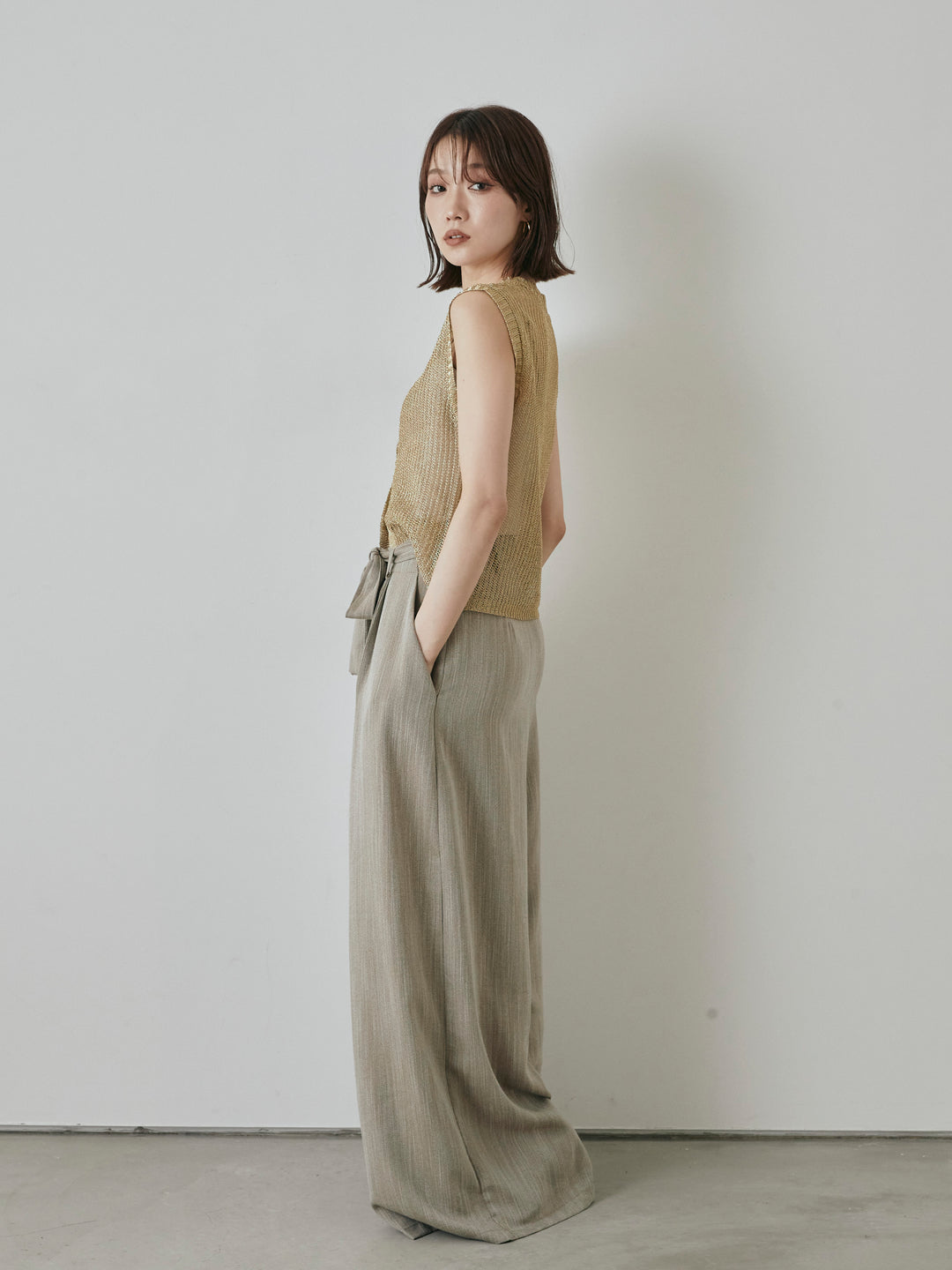 [予約]リネンライクウエストリボンワイドパンツ/ベージュ