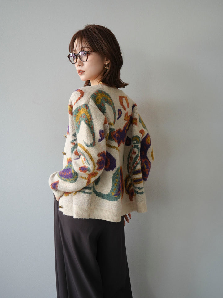 [予約]ミックスヤーンペイズリー柄ニットカーディガン/アイボリー